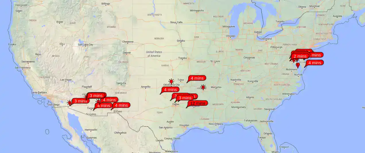 Map of United States showing a cluster of radio stations in Texas and then a separate cluster of radio stations in Arizona.