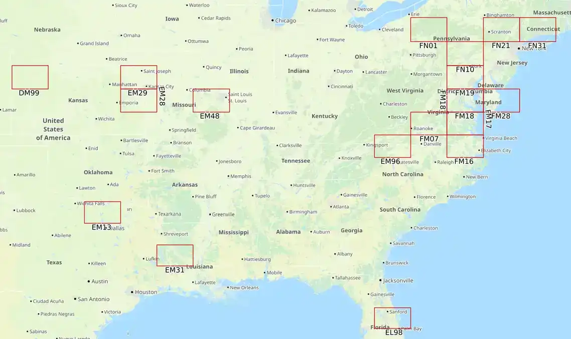 Map of Eastern United States showing worked grids from FM18.