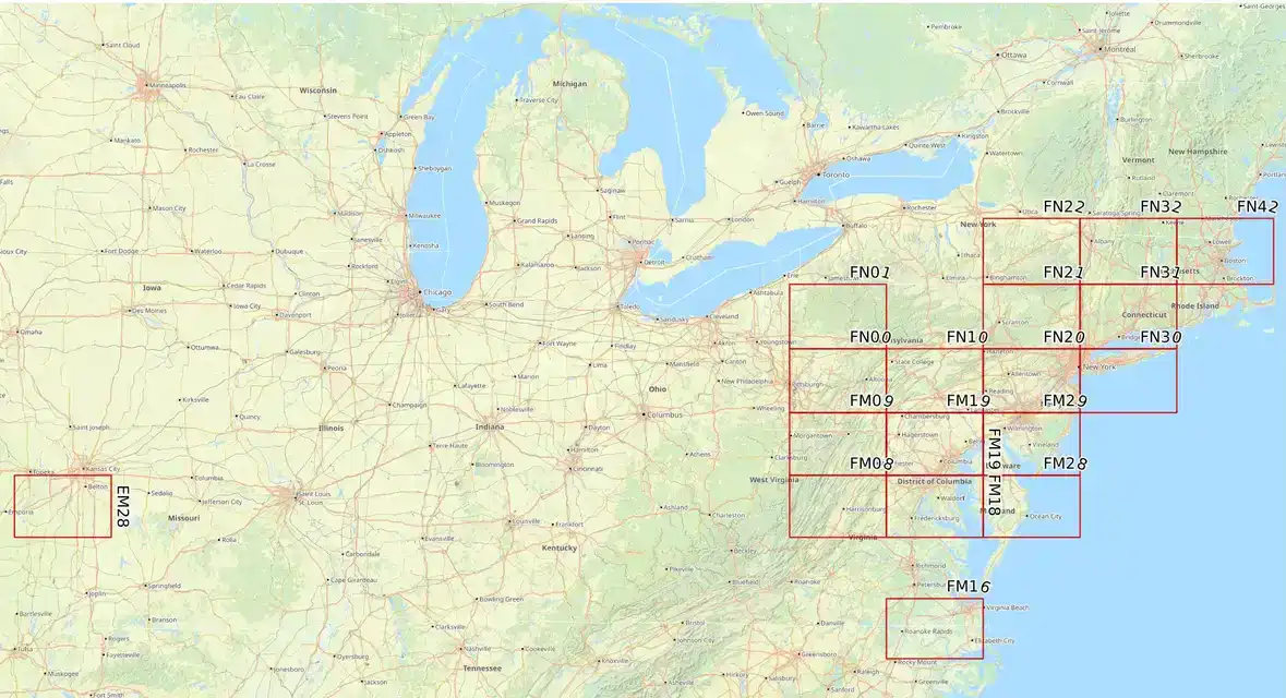 Map of Eastern United States showing worked grids from FM19.