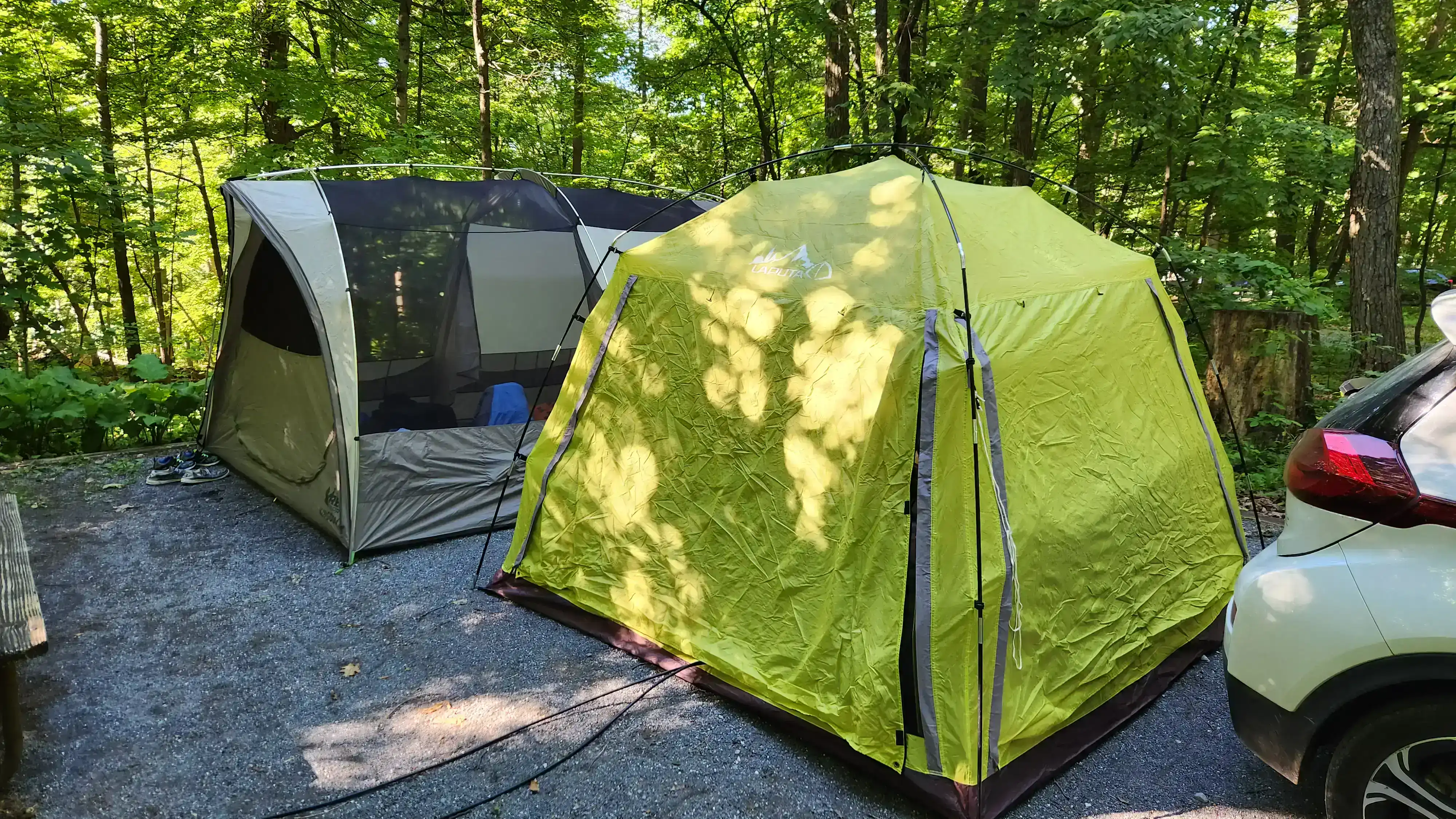 Two tents setup at a campsite.