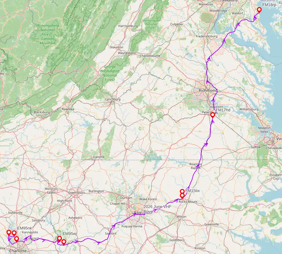 Map of North Carolina, Virginia, and Maryland depicting the rover path and stops made along the way.
